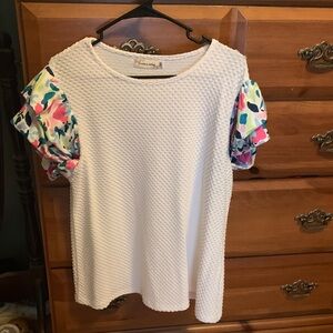 Entro White Textured Top with Colorful Sleeves